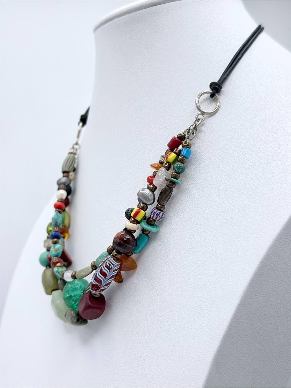 Vintage Peyote Bird Sterling 3-Strand Leather Multi-Stone Blown Glass Necklace - Picture 3 of 16